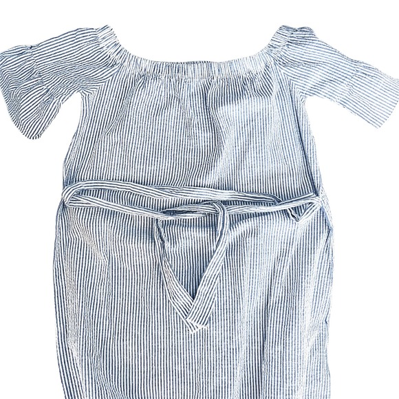 Pink Lemonade Seersucker Off Shoulder Dress Blue White Striped Belted Small - Picture 3 of 7